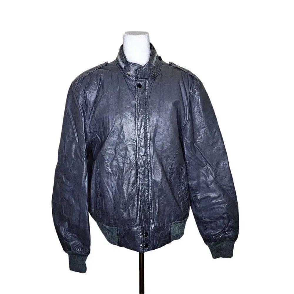 Vintage 80s Cafe Racer Leather Bomber Jacket Mens Size M Gray